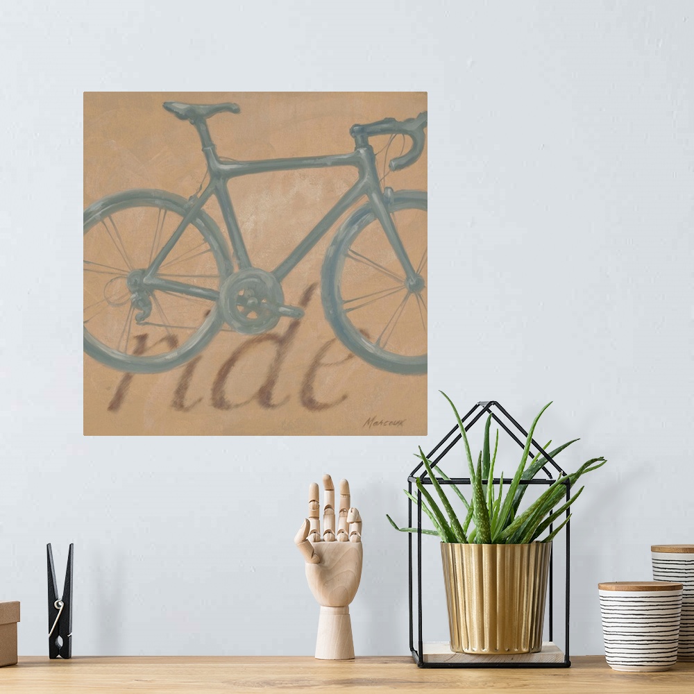 A bohemian room featuring Up-close painting of bicycle with the text "ride" in the background.