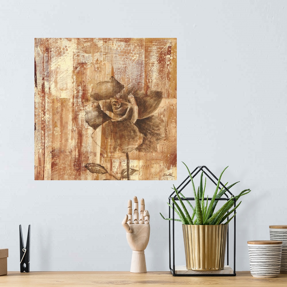 A bohemian room featuring A contemporary painting of a bronze rose against a weathered bronze background.