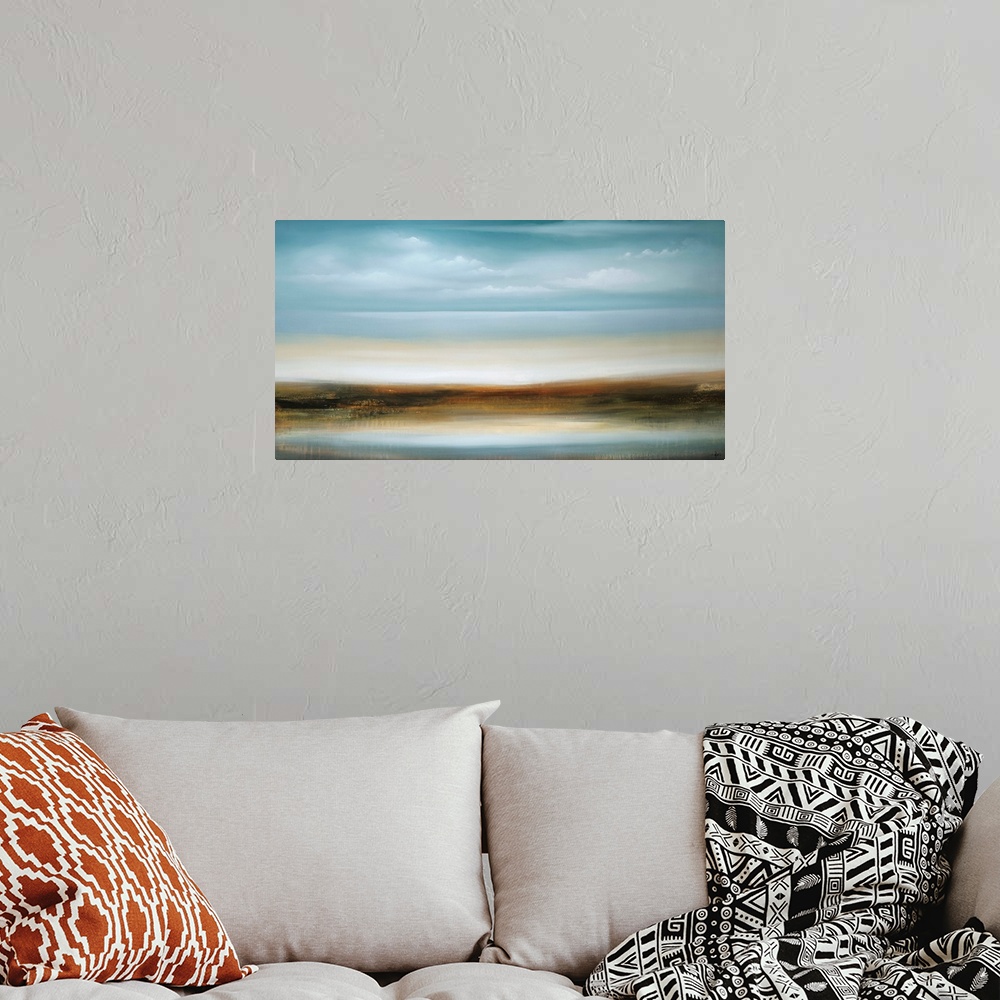 A bohemian room featuring A contemporary abstract painting of a smooth blue horizon.