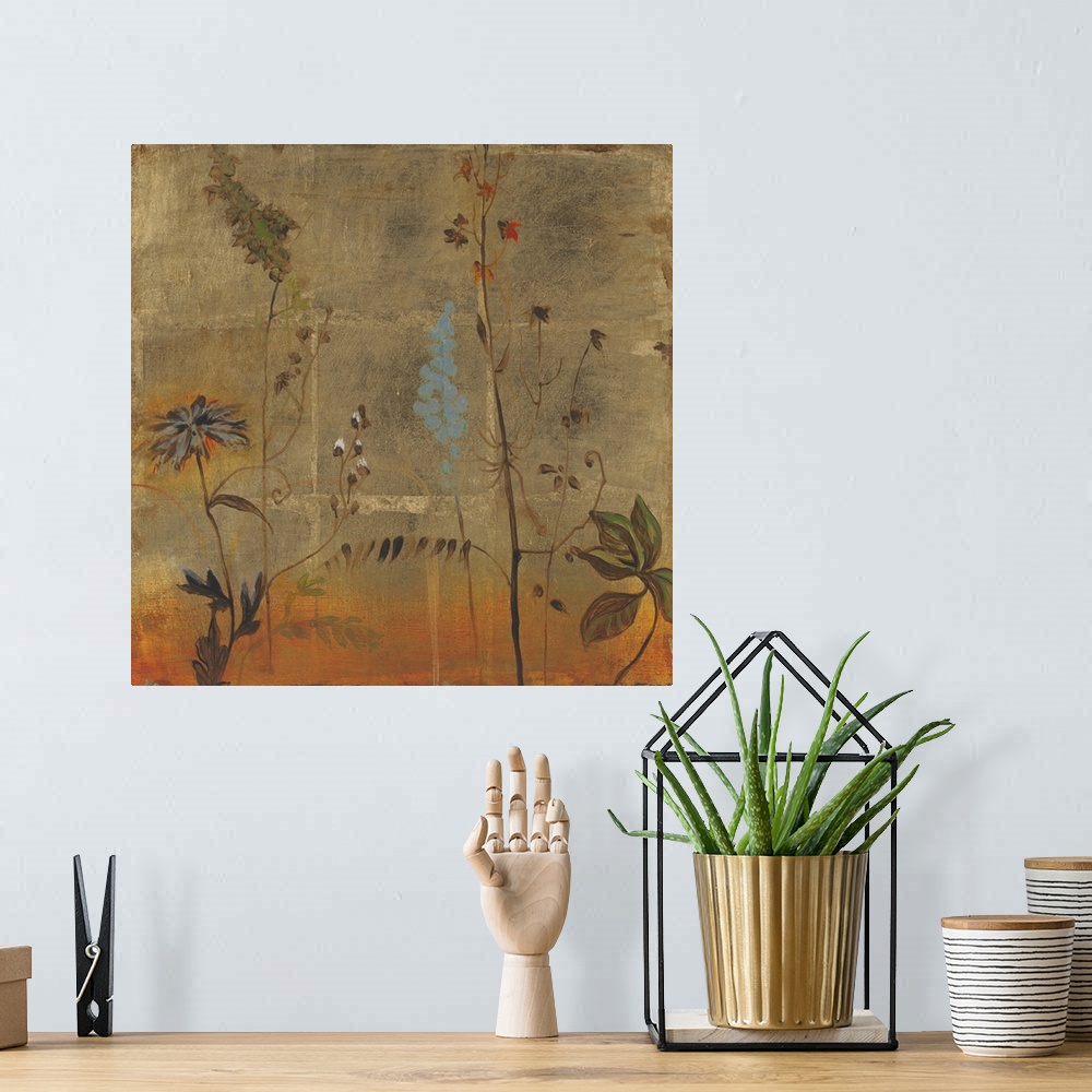 A bohemian room featuring A muted square painting of wild flowers in a meadow with a brown background with a square texture.