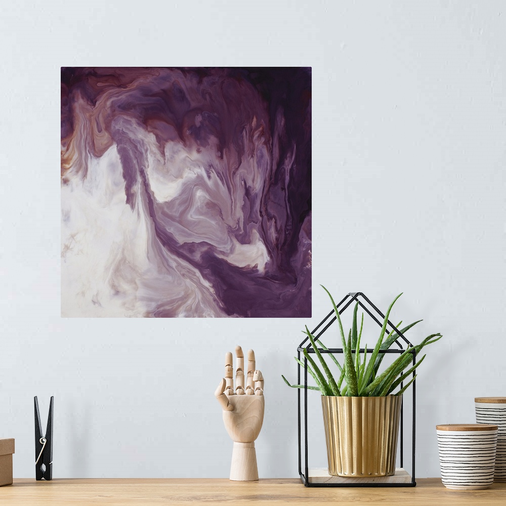 A bohemian room featuring Square abstract art with deep purple hues running together with white hues creating a marbled eff...