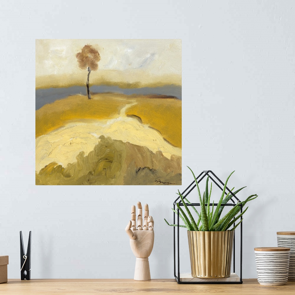 A bohemian room featuring Contemporary landscape painting using light brown earthy tones with a slender tree standing lone ...