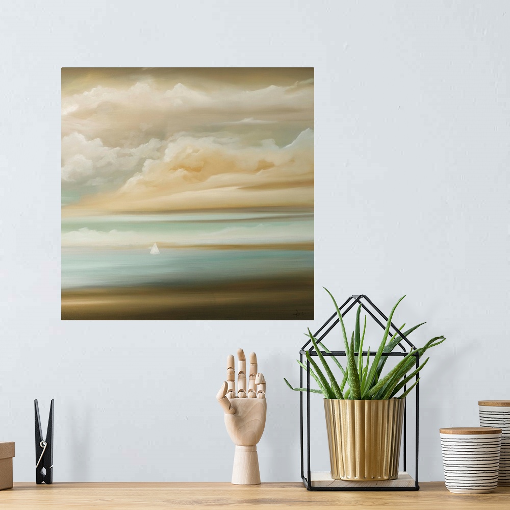 A bohemian room featuring A square painting of a seascape, with a cloud filled sky and small white sailboats in the distanc...