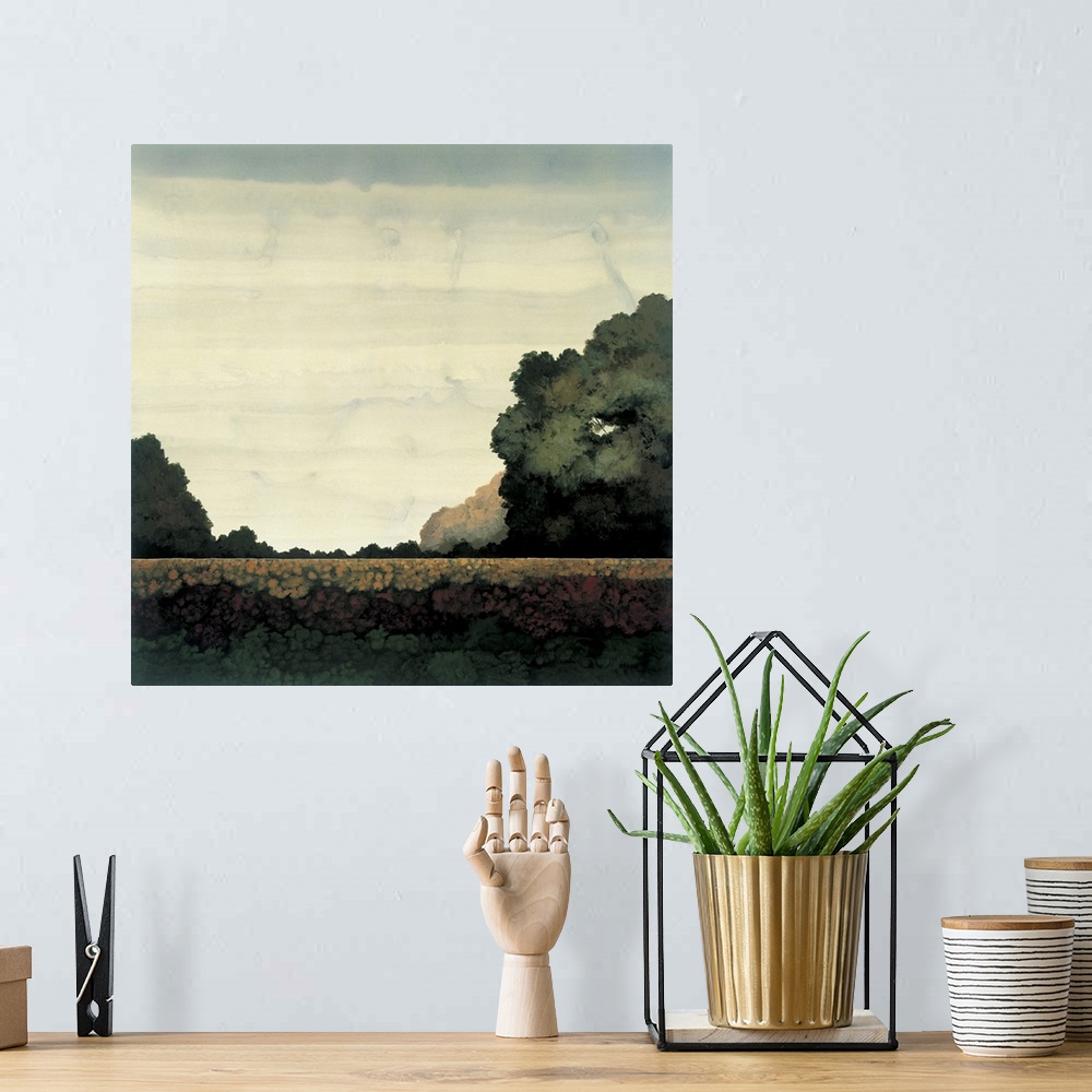 A bohemian room featuring Contemporary painting of a flat landscape with trees in the distance.