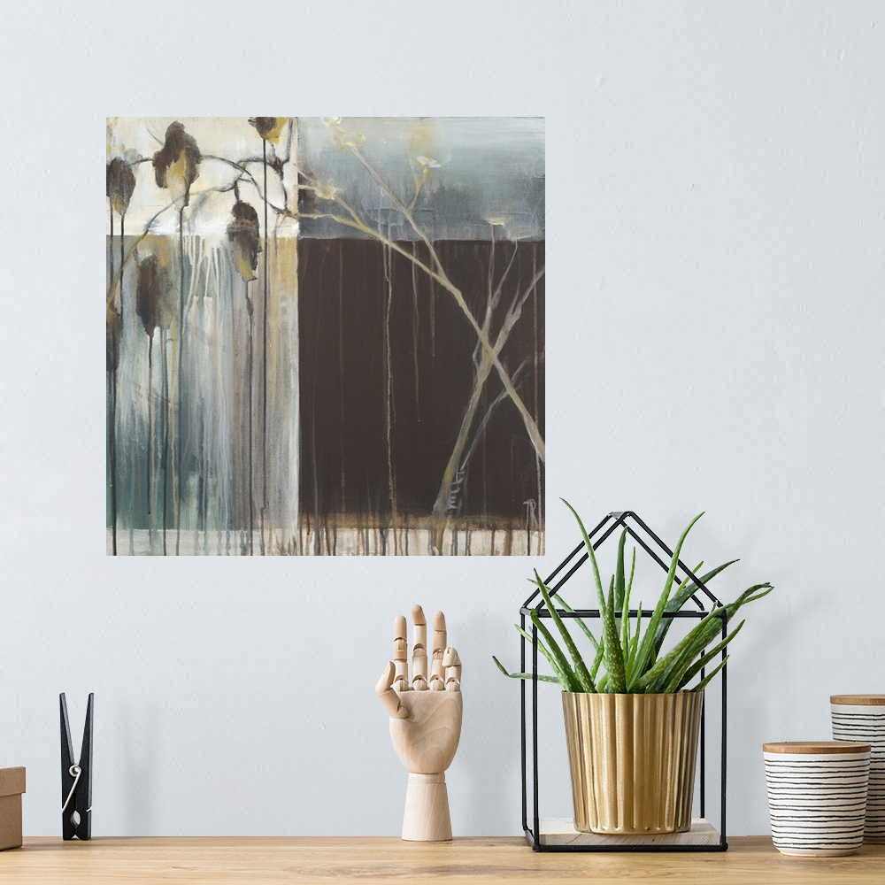 A bohemian room featuring Contemporary painting of a long thin branch with drooping leaves against a geometric bold shaped ...