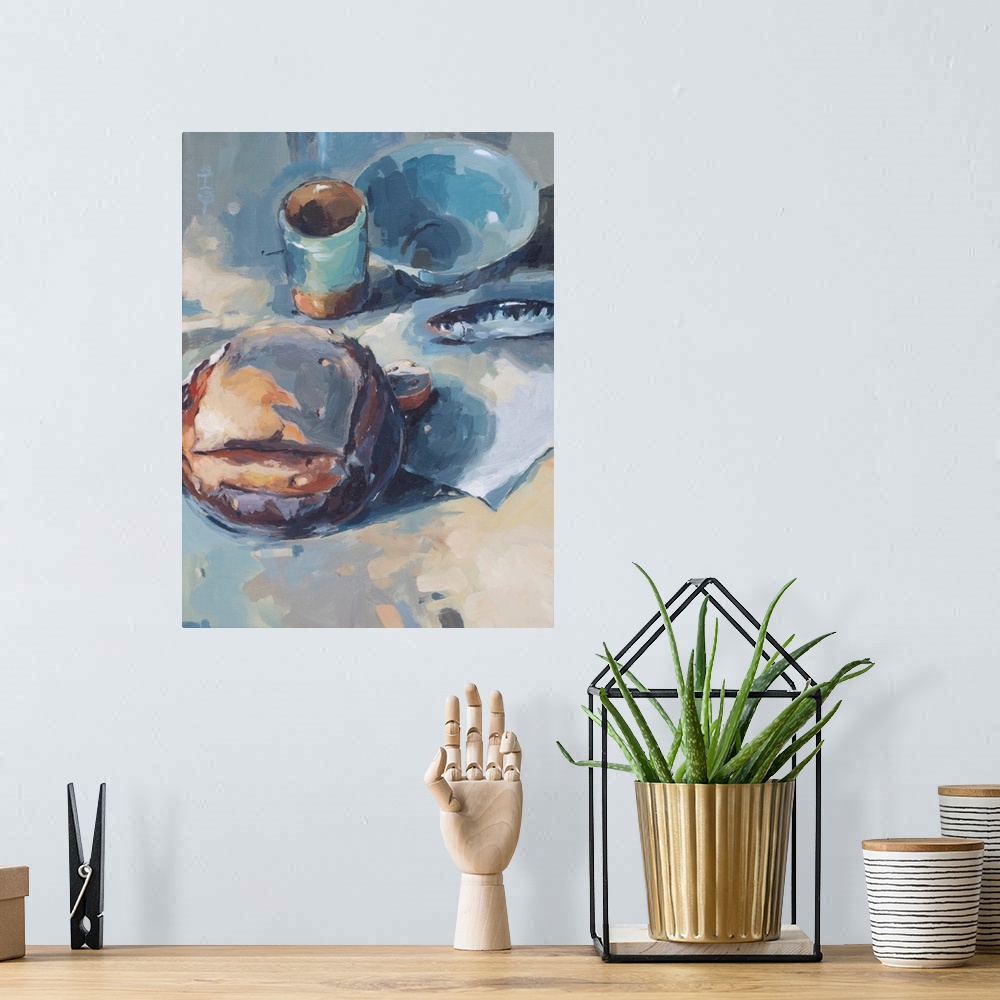 A bohemian room featuring Contemporary watercolor painting of a loaf of bread and a small fish - reminiscent of a simple me...