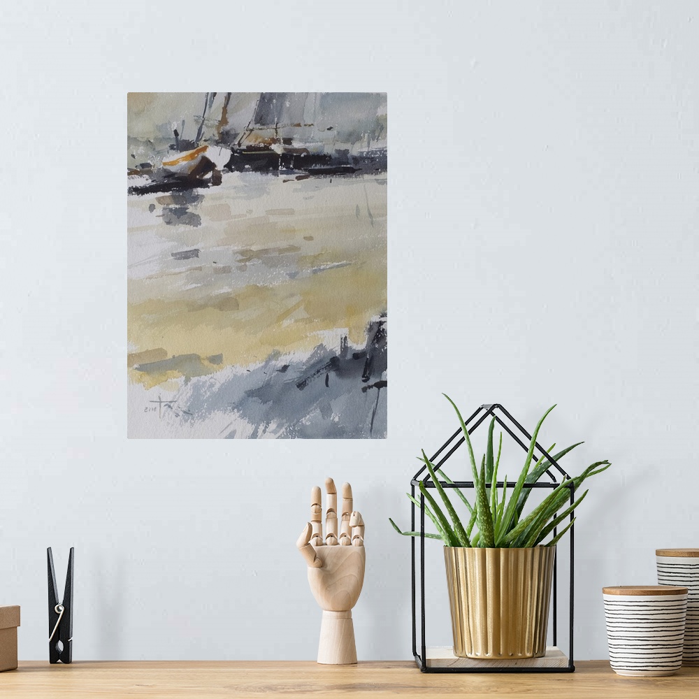 A bohemian room featuring This contemporary artwork illustrates a small fishing boat at the Slettestrand beach in Denmark.