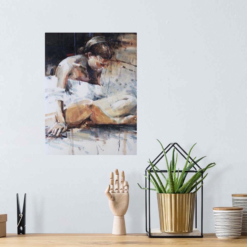 A bohemian room featuring This contemporary artwork addresses contemplation and purpose of oneself with a warm palette and ...