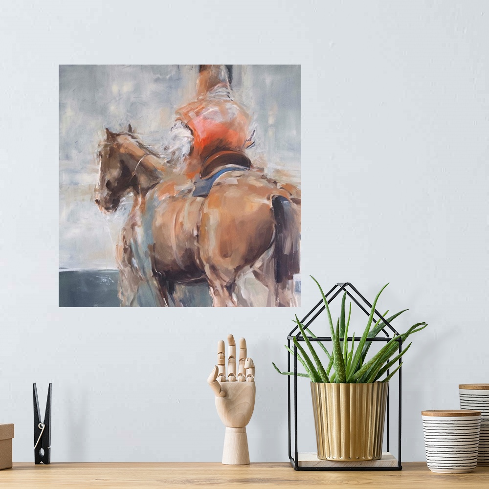 A bohemian room featuring This contemporary artwork features a rider in red robes on a horse created from impressionistic b...