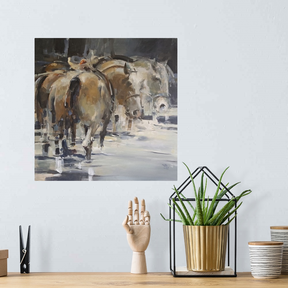 A bohemian room featuring This contemporary artwork showing horses resting in the river using a moody palette and impressio...