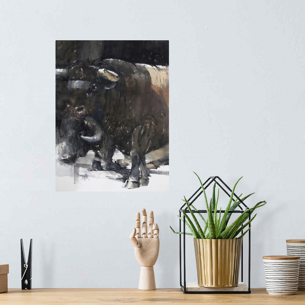 A bohemian room featuring This contemporary artwork is the first half of a watercolor bull diptych that displays the streng...
