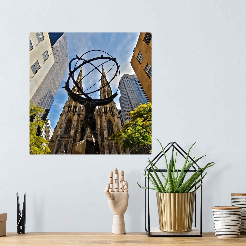 A bohemian room featuring Image of the Atlas Statue with St. Patrick's Cathedral in the background, Manhattan, New York City.