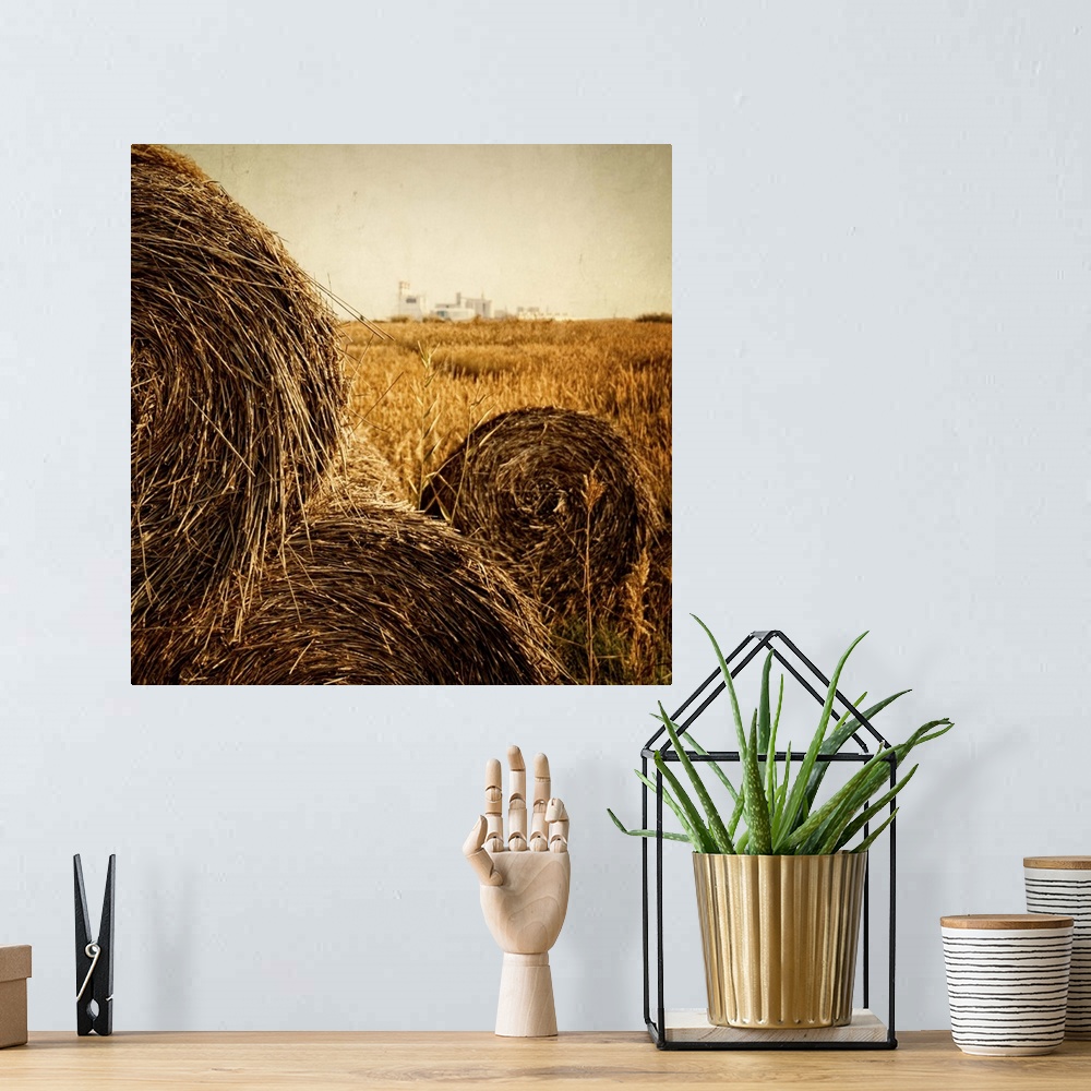 A bohemian room featuring Hay bails