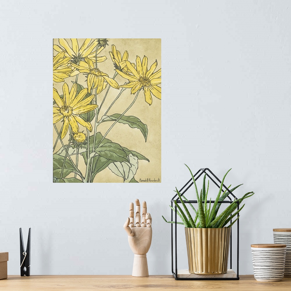 A bohemian room featuring Watercolor and ink on paper of yellow flowers