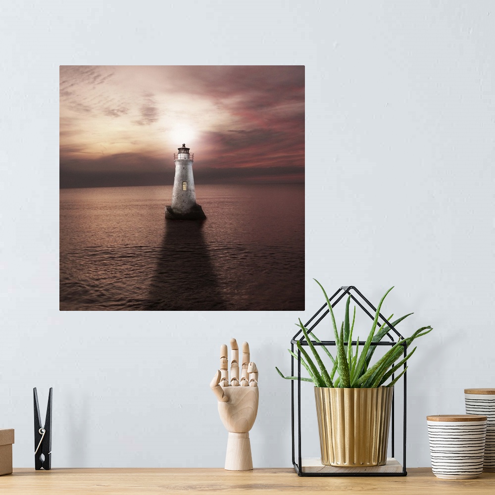 A bohemian room featuring A white lighthouse with sunset and calm sea