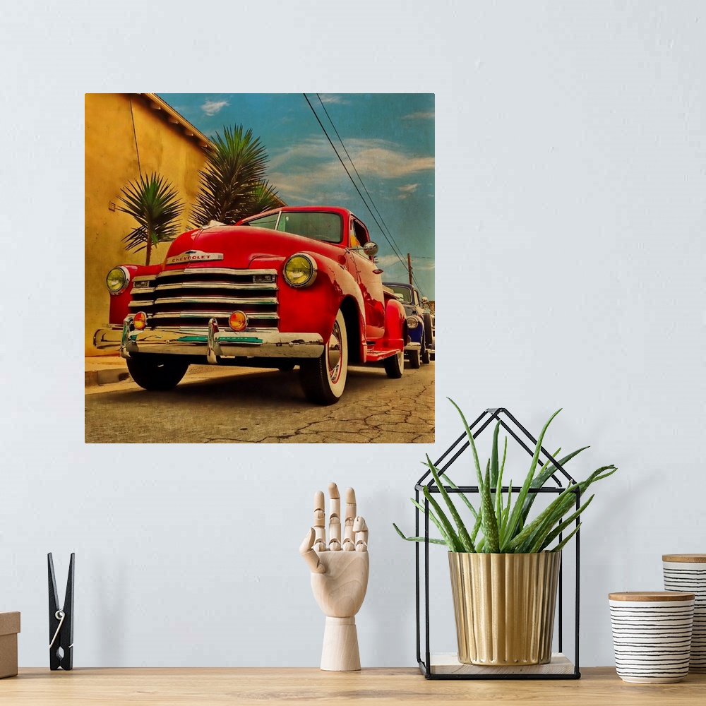 A bohemian room featuring Red pickup truck parked on the street