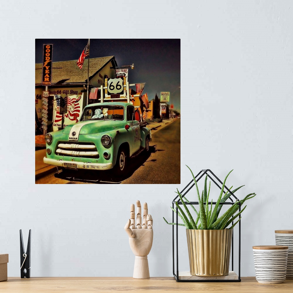 A bohemian room featuring Vintage americana 50's car in petrol station.