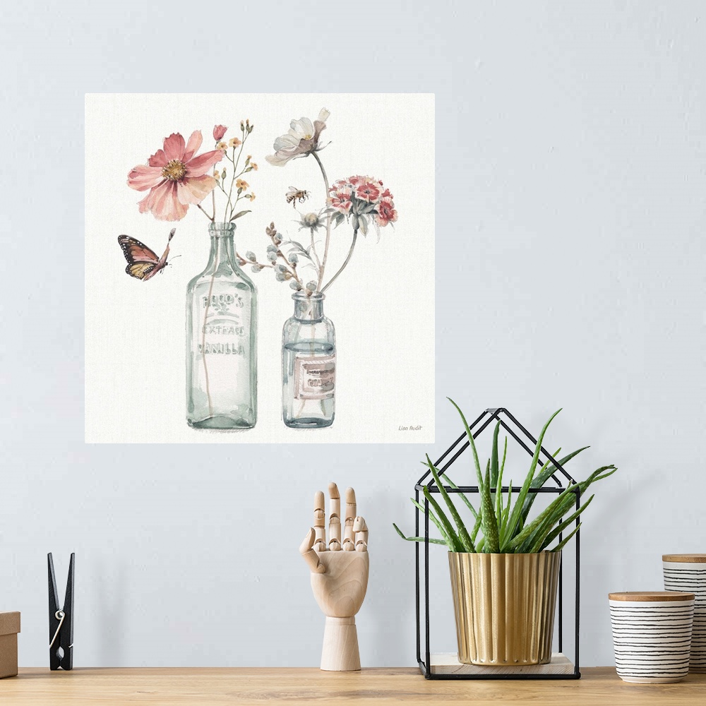 A bohemian room featuring Decorative artwork of watercolor flowers in a glasses over a white background.