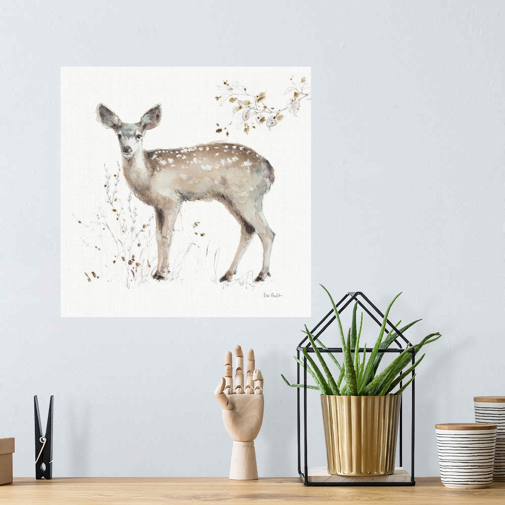A bohemian room featuring Decorative artwork of a watercolor deer perched on a branch against a white background.