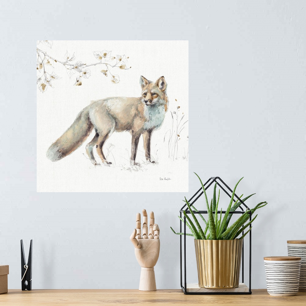 A bohemian room featuring Decorative artwork of a watercolor fox perched on a branch against a white background.