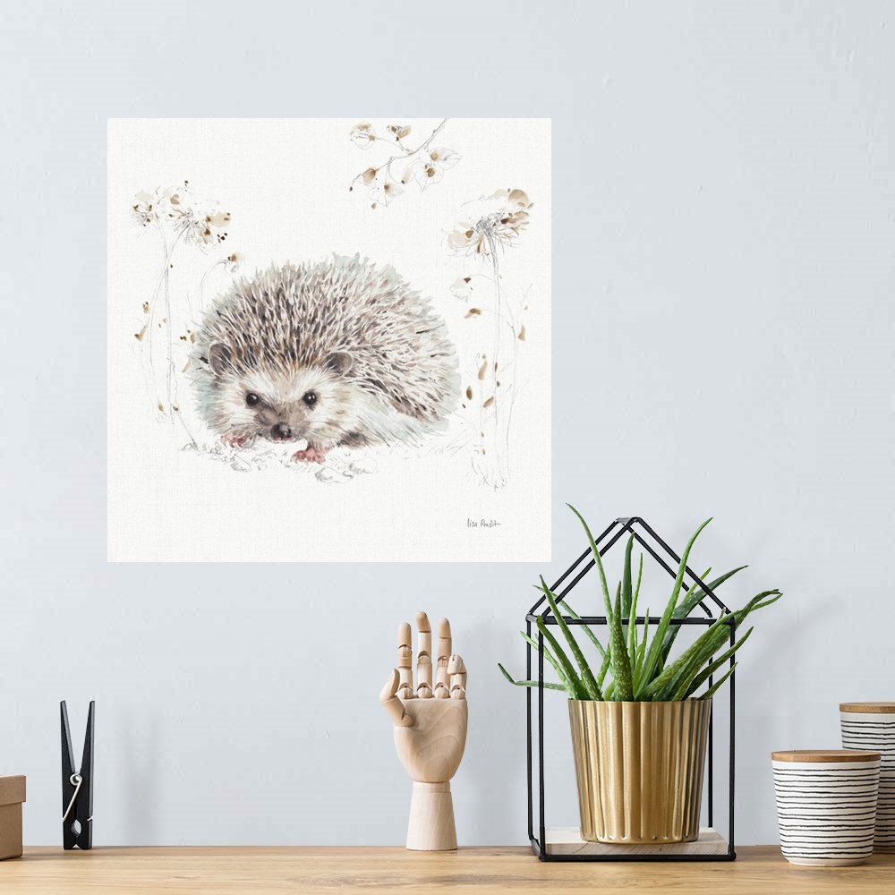 A bohemian room featuring Decorative artwork of a watercolor hedgehog perched on a branch against a white background.
