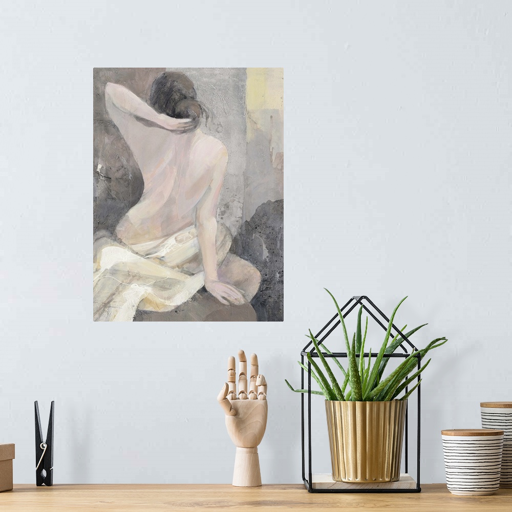 A bohemian room featuring Contemporary figurative painting of a nude woman with her back facing viewer.