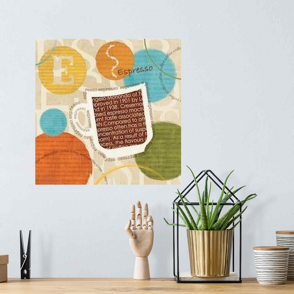 A bohemian room featuring Contemporary artwork of a coffee mug composed of text, against a neutral toned background.