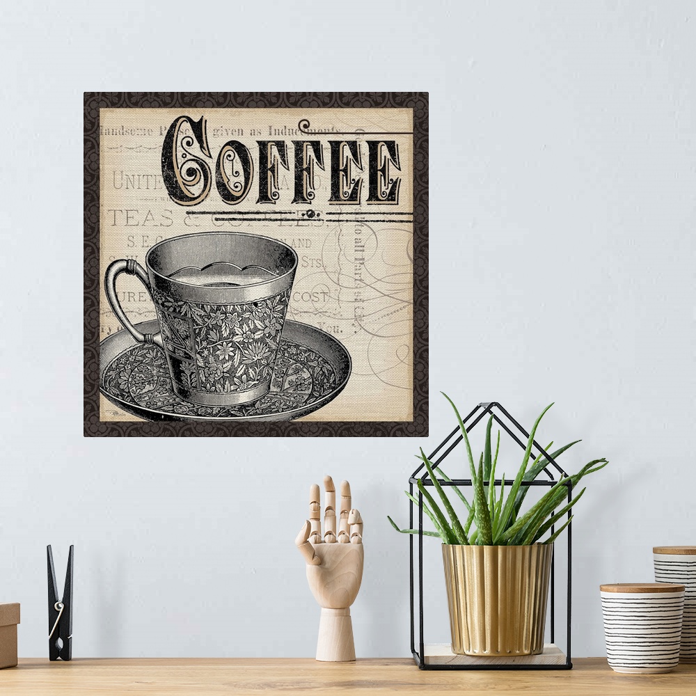 A bohemian room featuring Contemporary artwork of a coffee cup with the word "Coffee" at the top of the image.