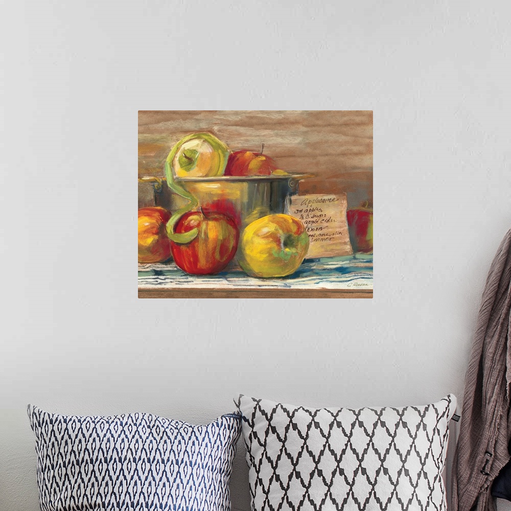 A bohemian room featuring Contemporary painting of a bucket of apples.