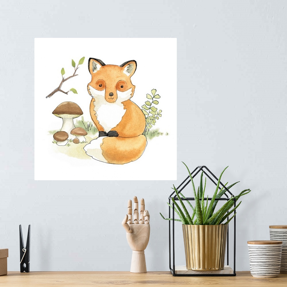 A bohemian room featuring Watercolor painting of a baby fox surrounded by plants and mushrooms.