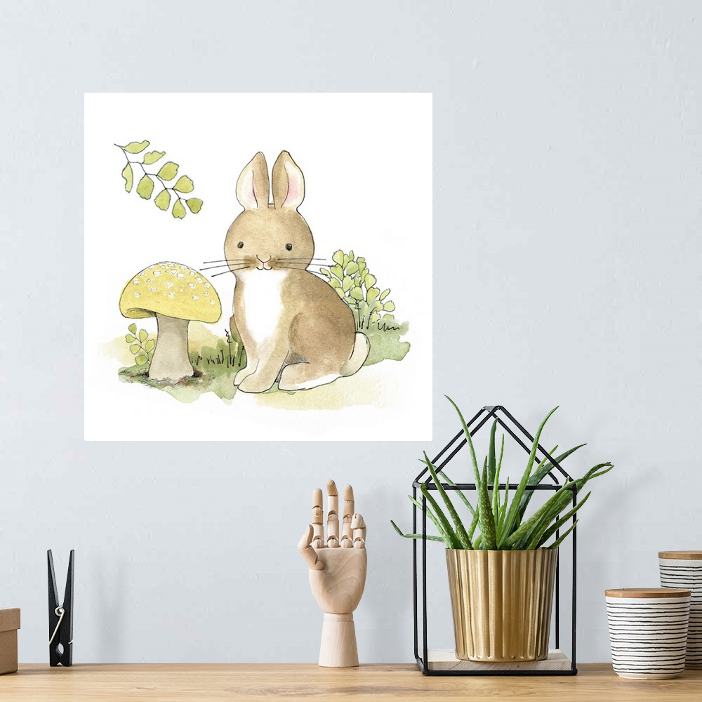 A bohemian room featuring Watercolor painting of a baby bunny surrounded by plants and a giant mushroom.