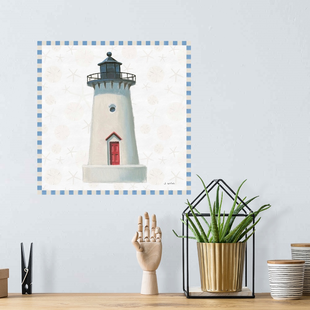 A bohemian room featuring Painted beach decor with a lighthouse in the center and a blue and off-white checkered border.