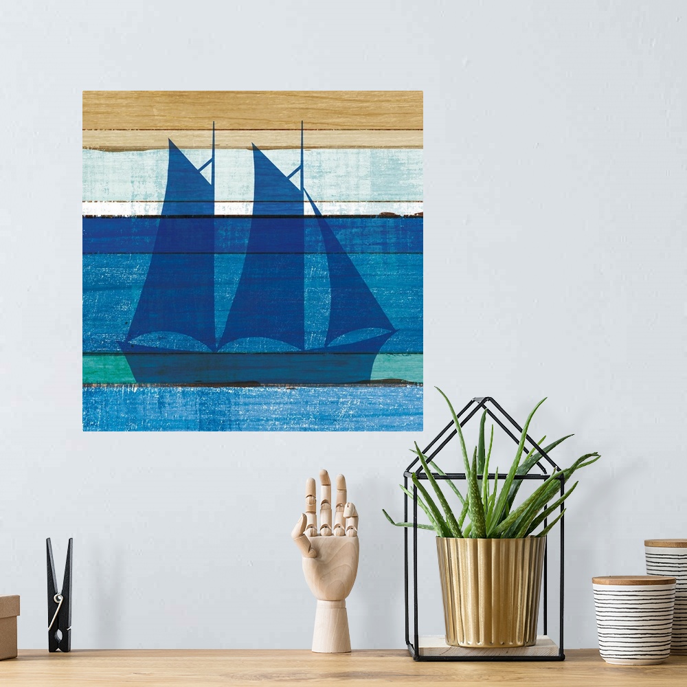 A bohemian room featuring Blue sailboat on a blue and brown painted wood background.
