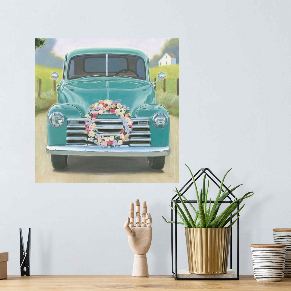 A bohemian room featuring Square contemporary painting of a vintage teal truck with a wreath of flower on the front.
