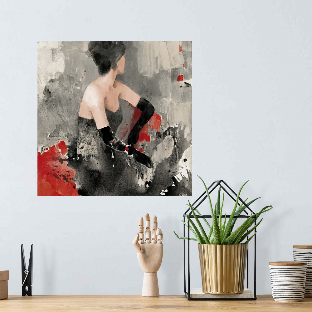 A bohemian room featuring Contemporary painting of a dark haired woman wearing a black ball gown with splashes of red and b...
