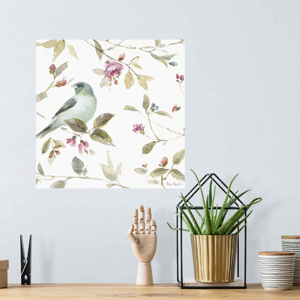 A bohemian room featuring Square watercolor painting with a blue songbird surrounded by leaves and pink buds and flowers.