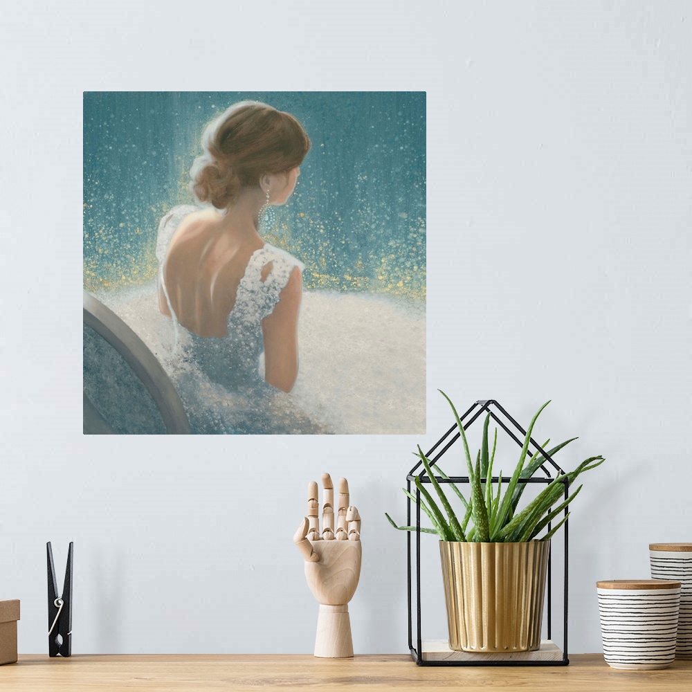 A bohemian room featuring A contemporary painting of a woman seen seated wearing a light blue ball gown in a glittering blu...