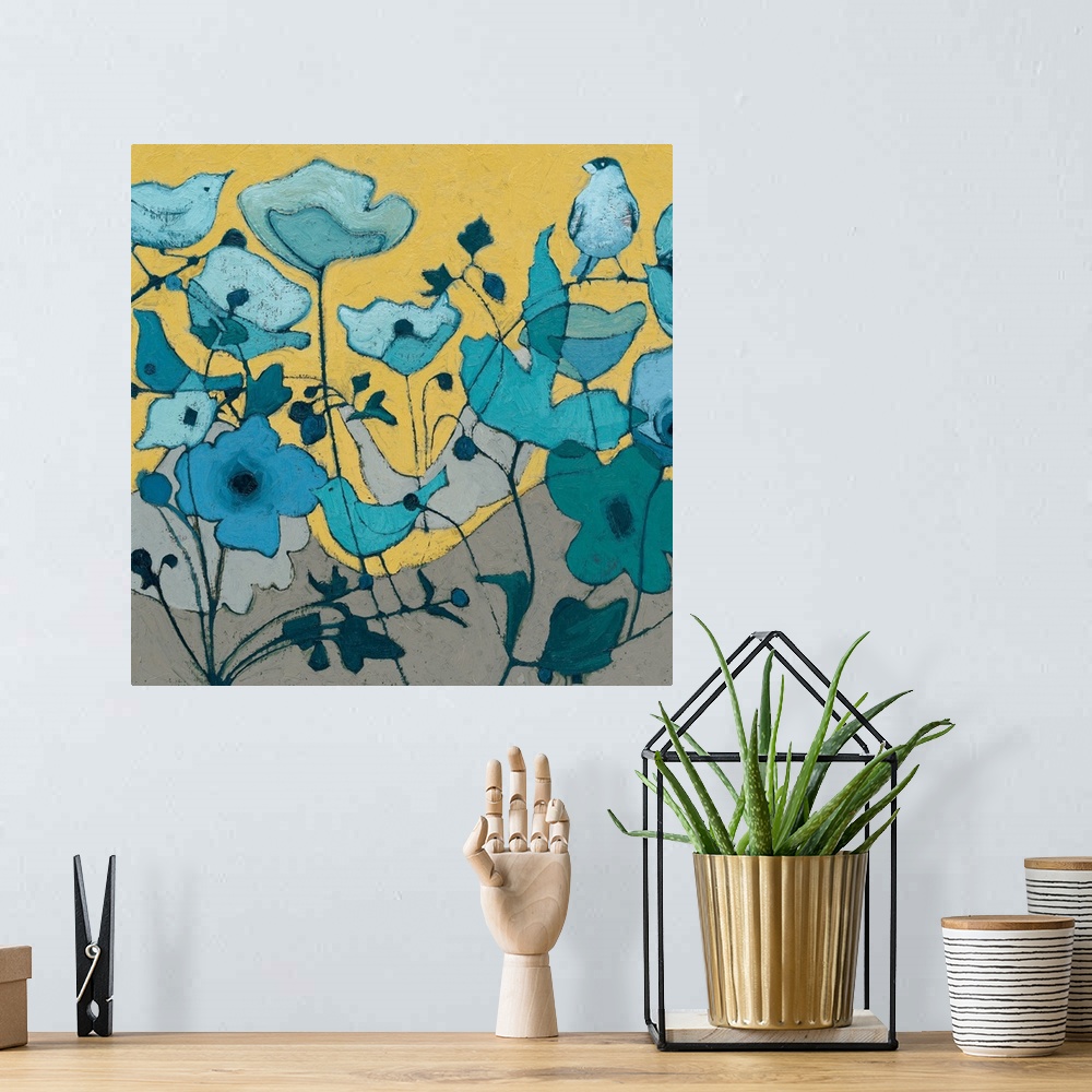 A bohemian room featuring Painting of a bird hiding among blue flowers.