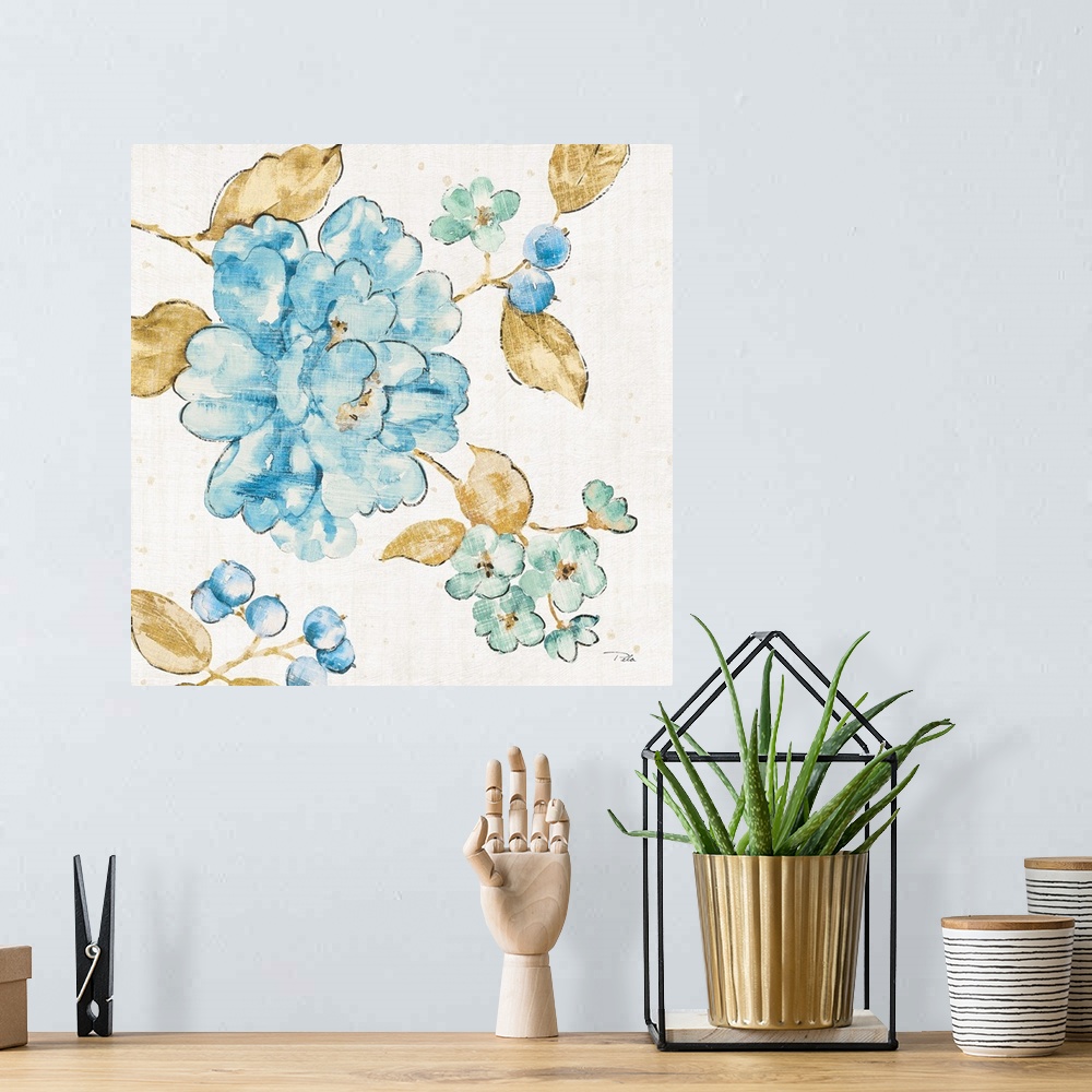 A bohemian room featuring Square blue floral painting with gold leaves and stems.