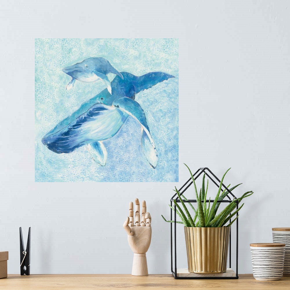 A bohemian room featuring Contemporary square painting of a whale and her calf in different shades of blue.