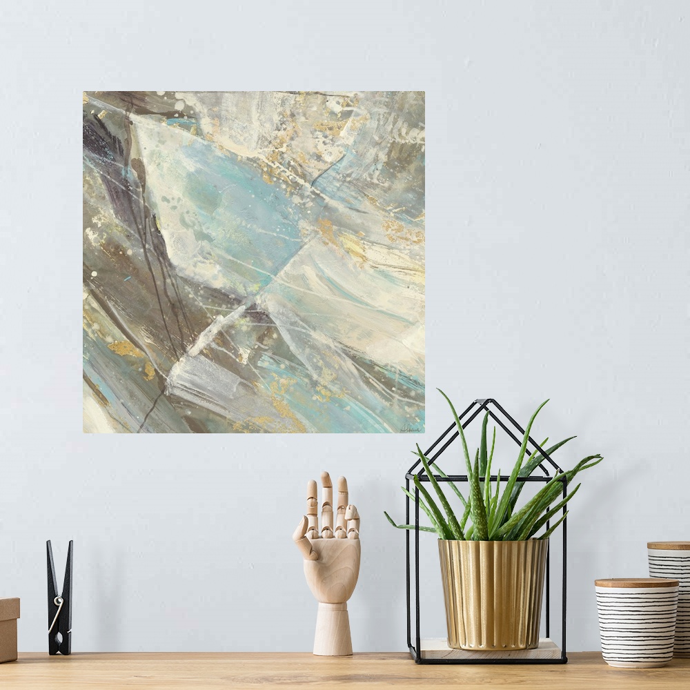 A bohemian room featuring Contemporary abstract painting using distinct lines and subtle colors to create depth.