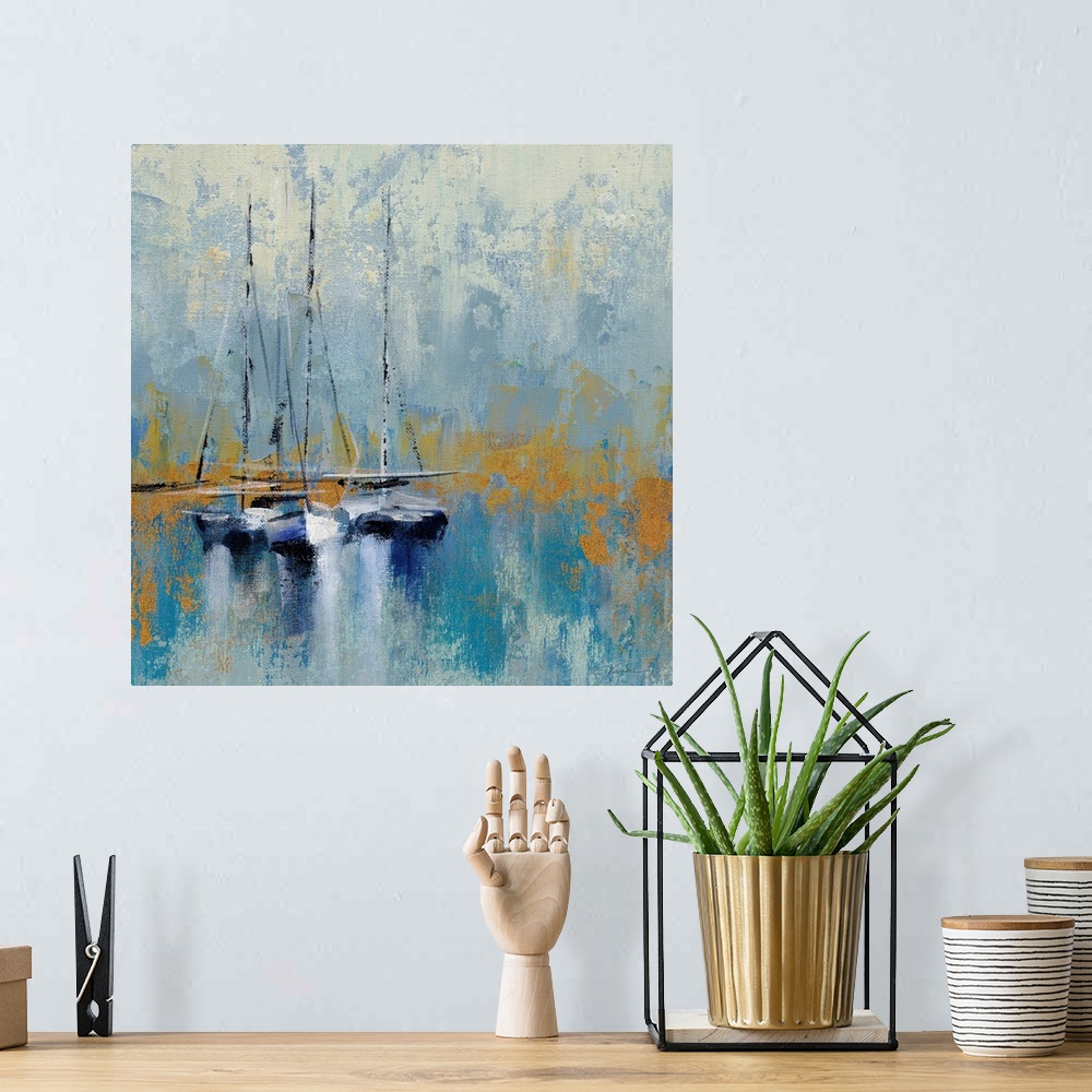 A bohemian room featuring A square abstract painting of sail boats in a harbor in textured brush strokes of blue and gold.