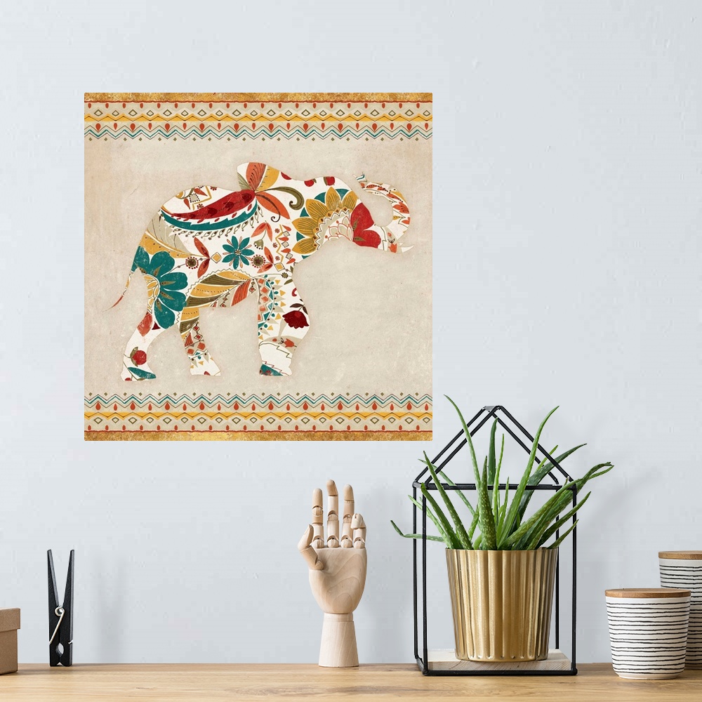 A bohemian room featuring Contemporary home decor artwork of an elephant in an ornate and decorative floral pattern.