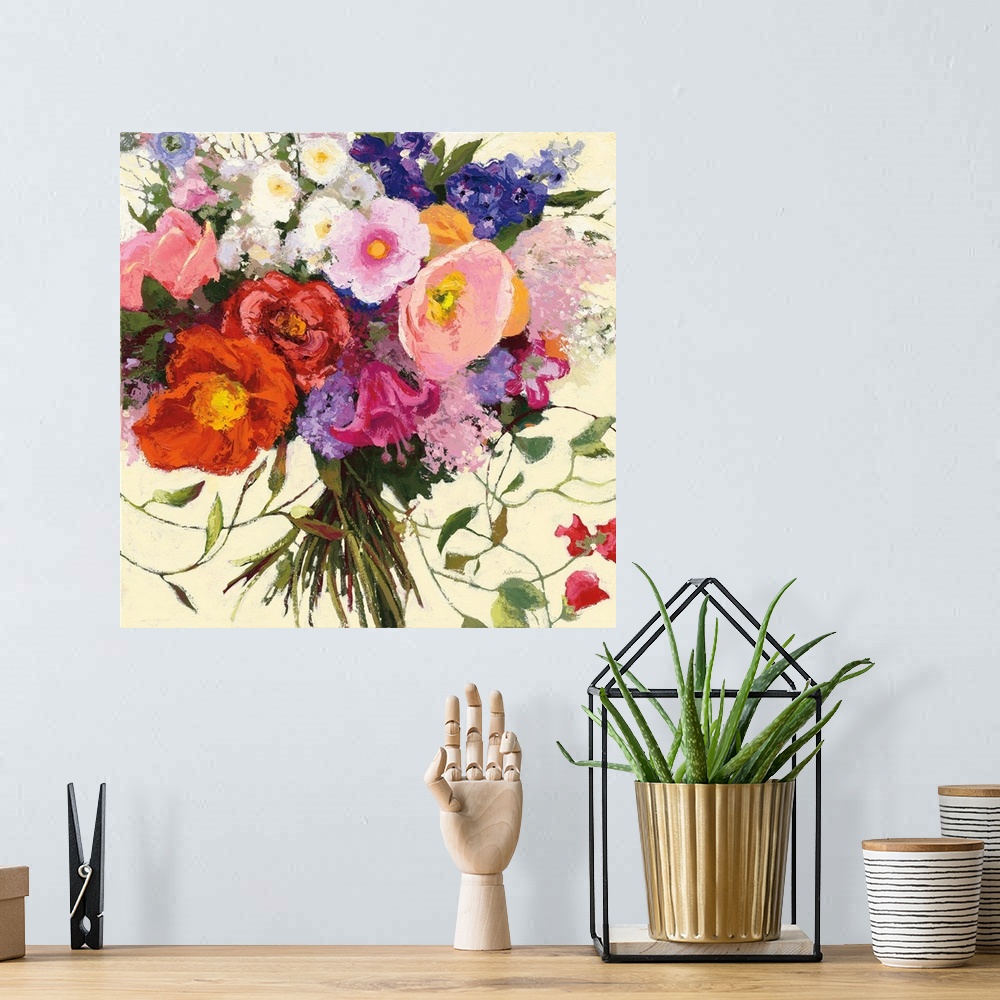 A bohemian room featuring Square painting of a bouquet of Spring flowers on a cream background.