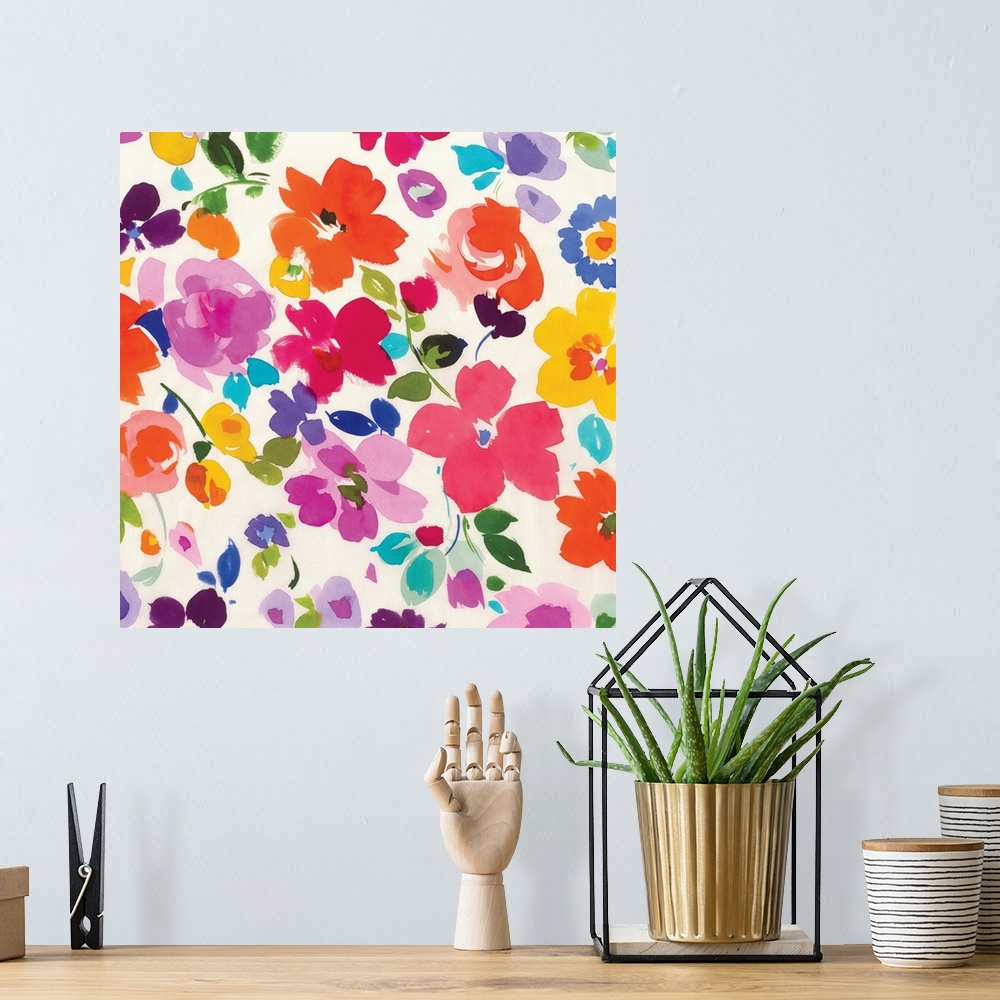 A bohemian room featuring Colorful watercolor painting of summer flowers on white.