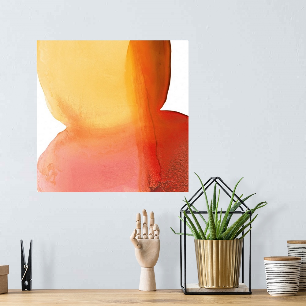 A bohemian room featuring An organic contemporary painting of large, rounded orange shapes on a white background