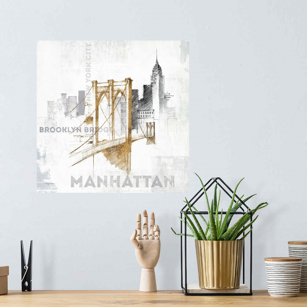 A bohemian room featuring Sketches of the Brooklyn Bridge and the New York skyline in metallic colors.