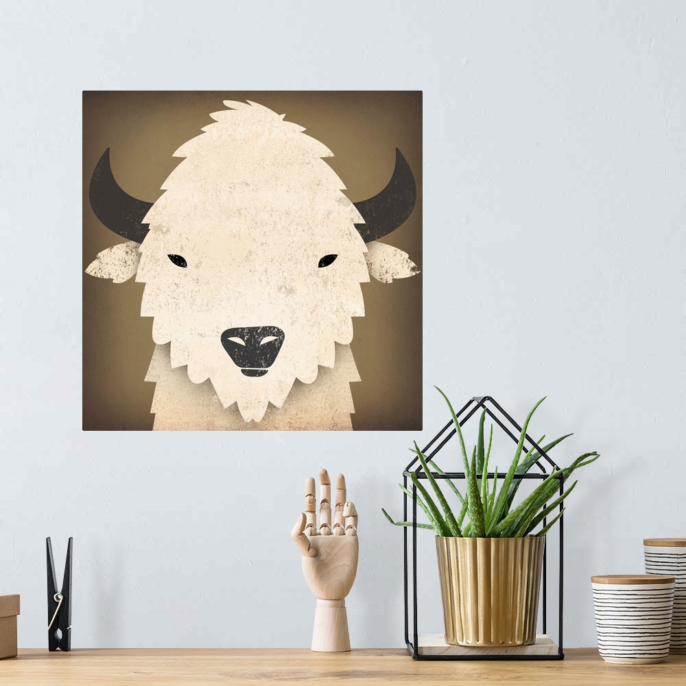 A bohemian room featuring Cute portrait of a white buffalo with black horns and nose.