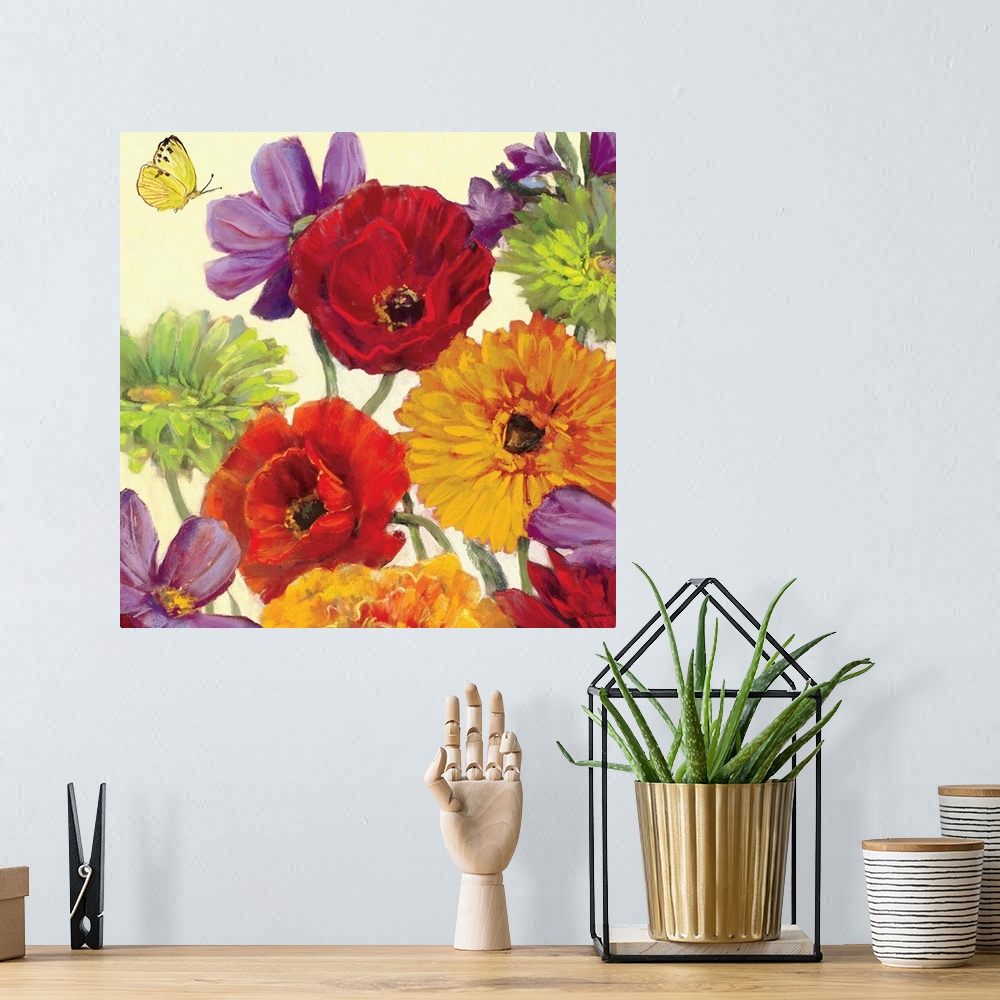 A bohemian room featuring Contemporary artwork of different brightly colored flowers close-up in the frame of the image.