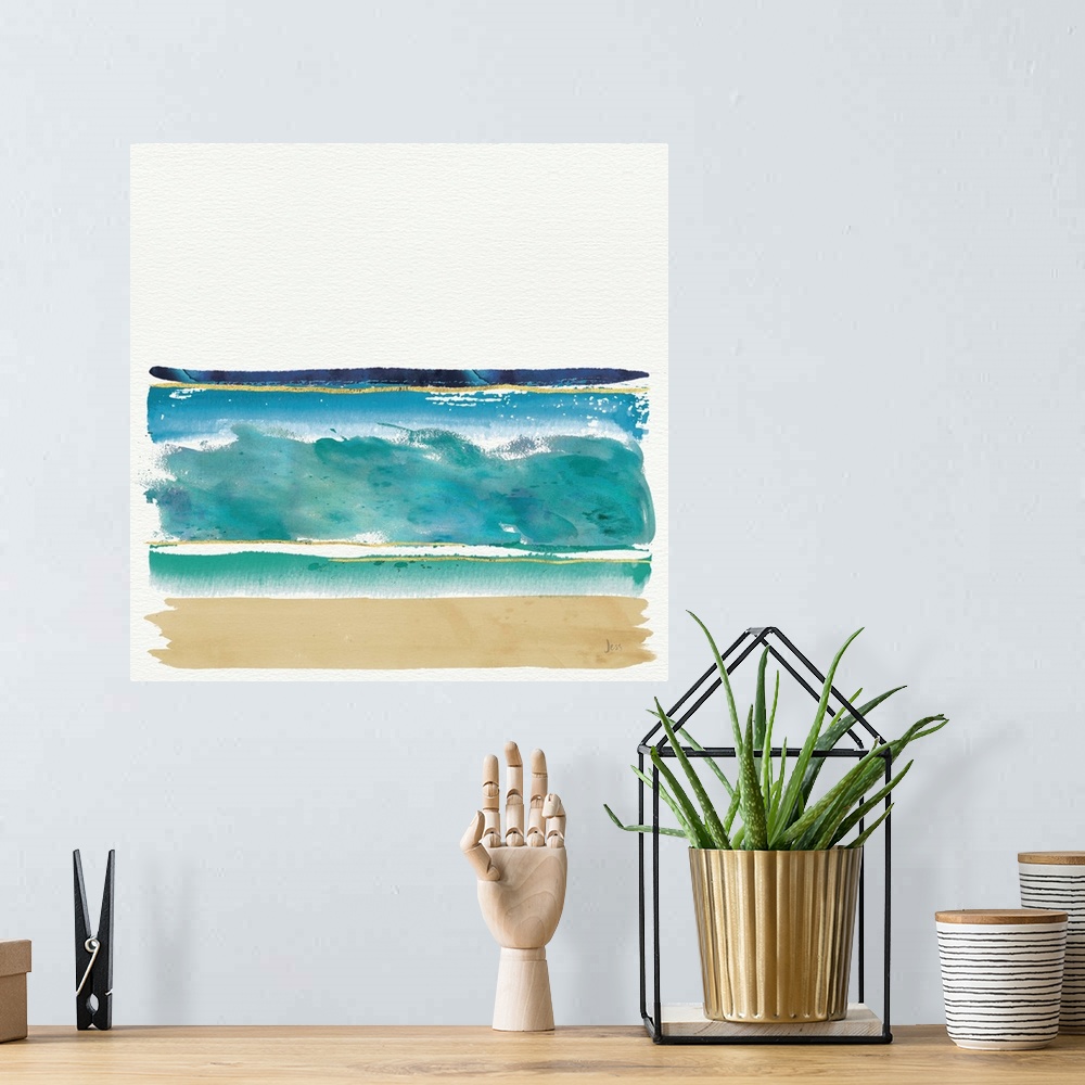 A bohemian room featuring Watercolor painting of the ocean and sandy beach.